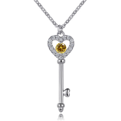 925 Sterling Silver Birthstone Key Necklace - Romantic Heart Lock Pendant