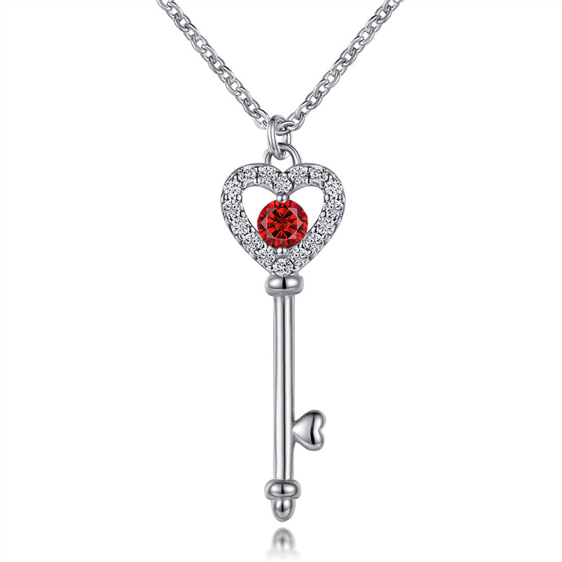 925 Sterling Silver Birthstone Key Necklace - Romantic Heart Lock Pendant