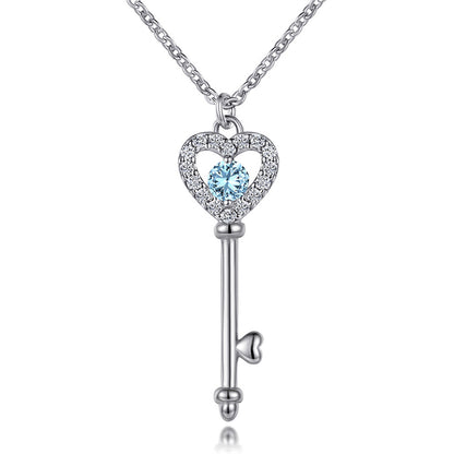 925 Sterling Silver Birthstone Key Necklace - Romantic Heart Lock Pendant