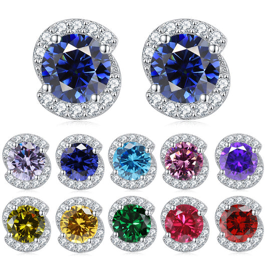 925 Sterling Silver Birthstone Zircon Stud Earrings – Minimalist Geometric Jewelry Collection