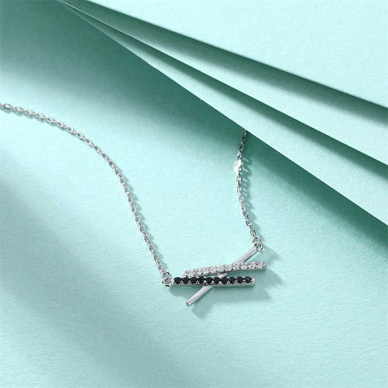 925 Sterling Silver Black Zircon X Pendant Necklace - Edgy Geometric Letter Collarbone Chain
