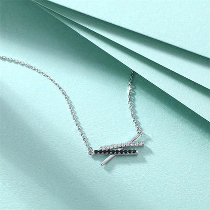 925 Sterling Silver Black Zircon X Pendant Necklace - Edgy Geometric Letter Collarbone Chain