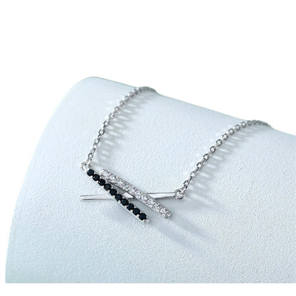 925 Sterling Silver Black Zircon X Pendant Necklace - Edgy Geometric Letter Collarbone Chain