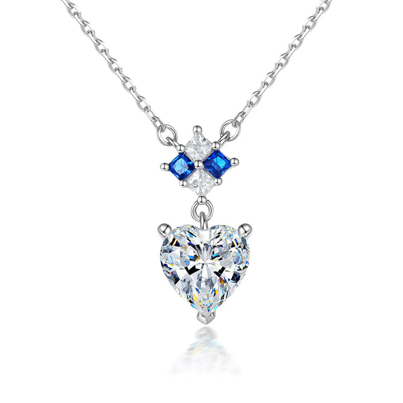925 Sterling Silver Blue Heart Pendant Necklace - Elegant Sapphire Zirconia Collarbone Chain for Women