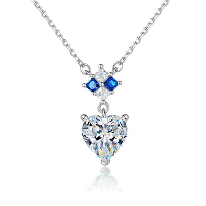 925 Sterling Silver Blue Heart Pendant Necklace - Elegant Sapphire Zirconia Collarbone Chain for Women