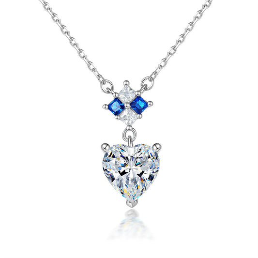925 Sterling Silver Blue Heart Pendant Necklace - Elegant Sapphire Zirconia Collarbone Chain for Women