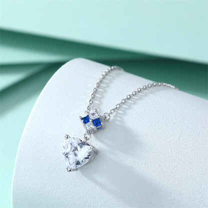925 Sterling Silver Blue Heart Pendant Necklace - Elegant Sapphire Zirconia Collarbone Chain for Women