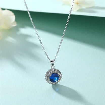 925 Sterling Silver Blue Zircon Pendant Necklace - Elegant Geometric Collarbone Chain