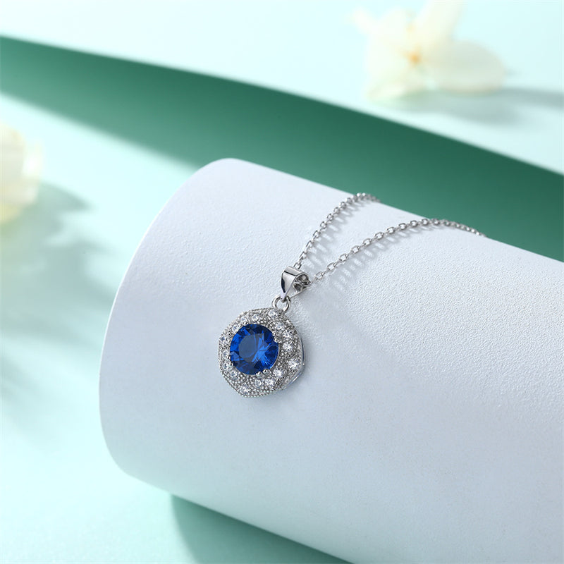 925 Sterling Silver Blue Zircon Pendant Necklace - Elegant Geometric Collarbone Chain