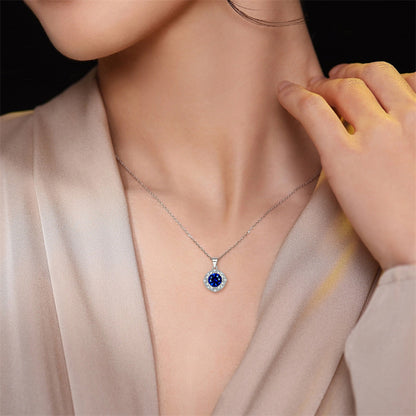 925 Sterling Silver Blue Zircon Pendant Necklace - Elegant Geometric Collarbone Chain