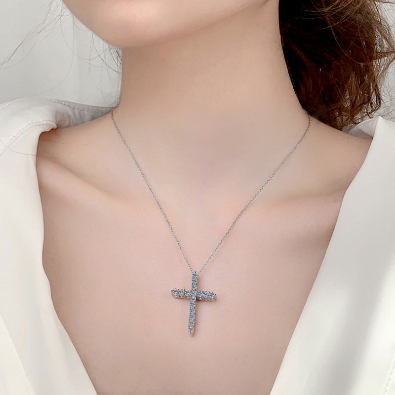 925 Sterling Silver Bold Cross Pendant Necklace with Moissanite Accents 41-50cm Rhodium Plated Unisex Statement Jewelry