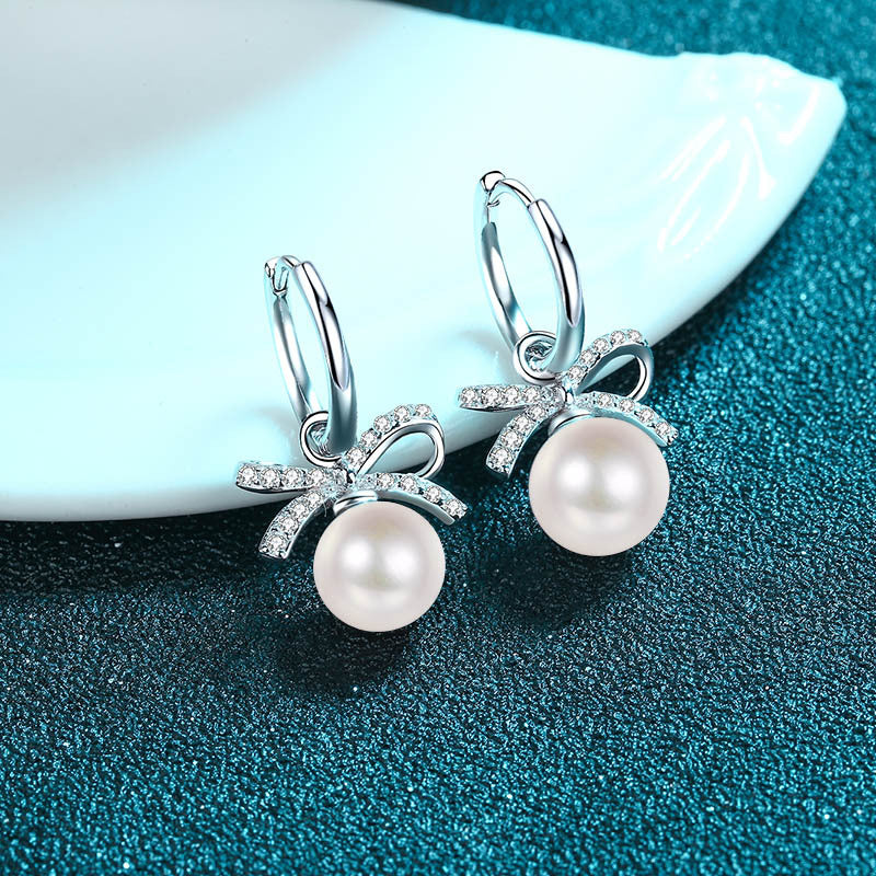925 Sterling Silver Bow Drop Earrings - 0.30ct Moissanite & Freshwater Pearls