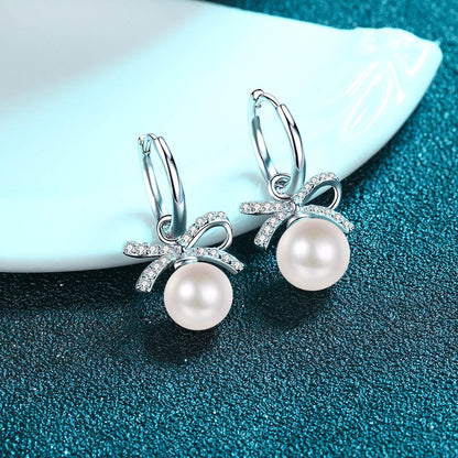 925 Sterling Silver Bow Drop Earrings - 0.30ct Moissanite & Freshwater Pearls
