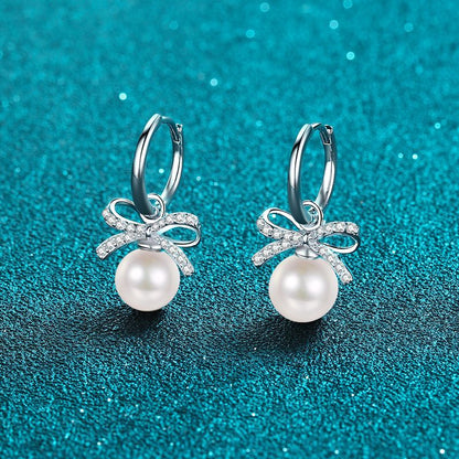 925 Sterling Silver Bow Drop Earrings - 0.30ct Moissanite & Freshwater Pearls