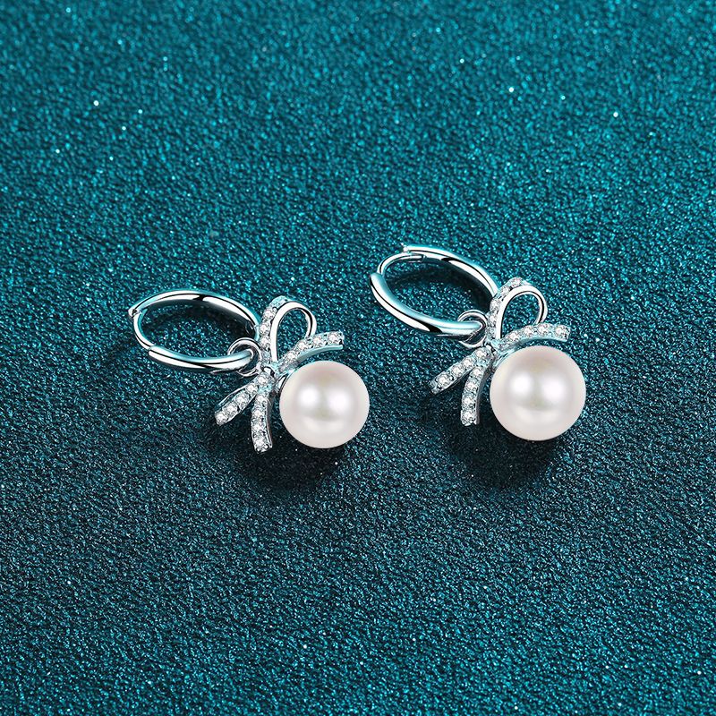 925 Sterling Silver Bow Drop Earrings - 0.30ct Moissanite & Freshwater Pearls