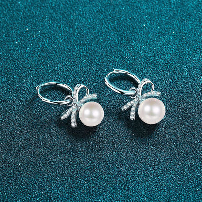 925 Sterling Silver Bow Drop Earrings - 0.30ct Moissanite & Freshwater Pearls