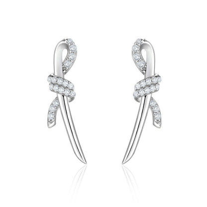 925 Sterling Silver Bow Earrings – Elegant Twisted Rope Design with Zircon Accents