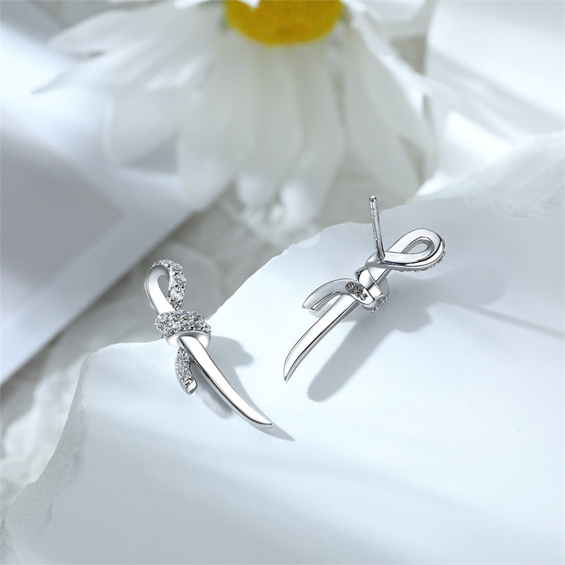 925 Sterling Silver Bow Earrings – Elegant Twisted Rope Design with Zircon Accents