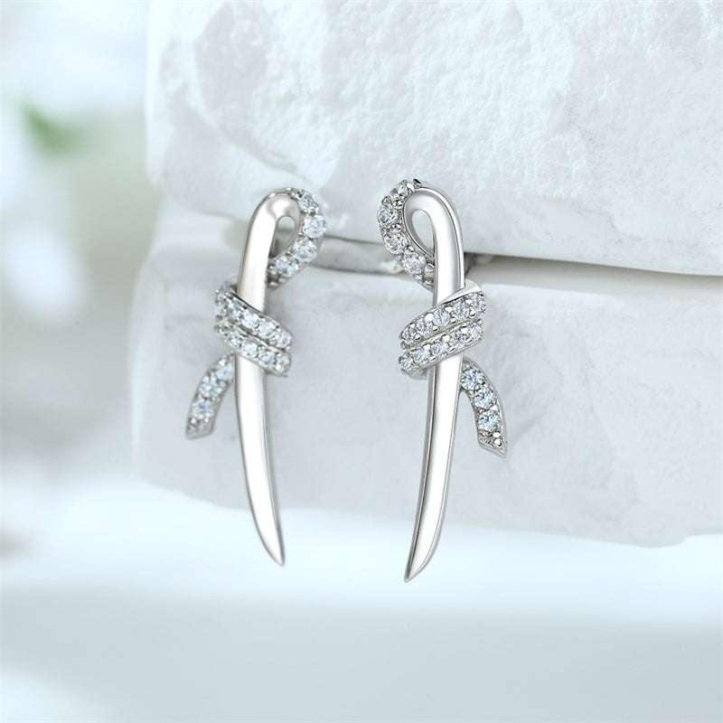 925 Sterling Silver Bow Earrings – Elegant Twisted Rope Design with Zircon Accents