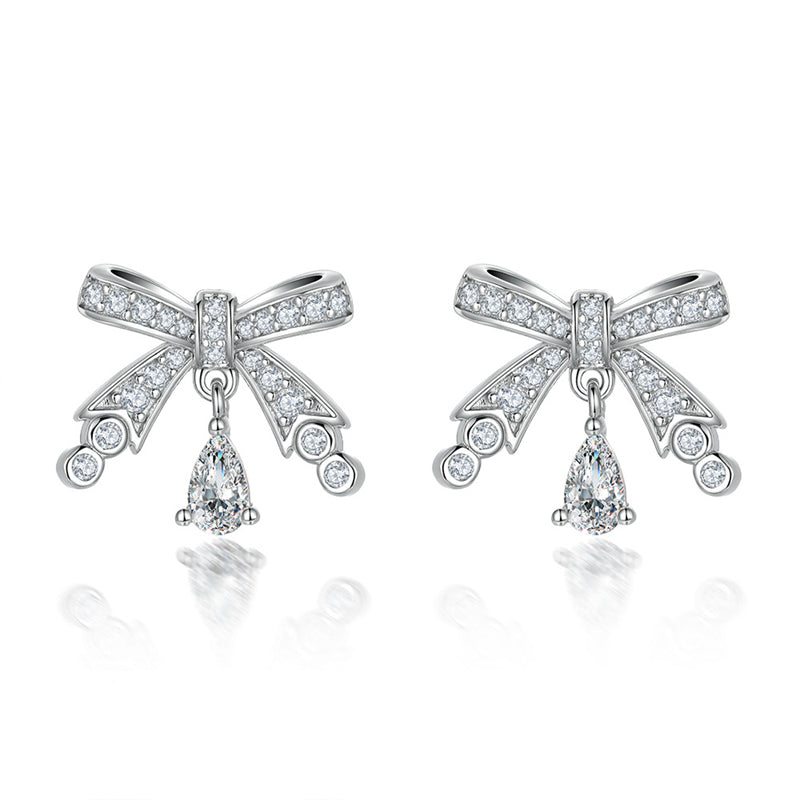 925 Sterling Silver Bow Earrings for Women Elegant Tassel Dangle Earrings White Gold Plated