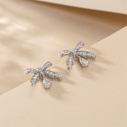 925 Sterling Silver Bow Earrings for Women Elegant Tassel Dangle Earrings White Gold Plated
