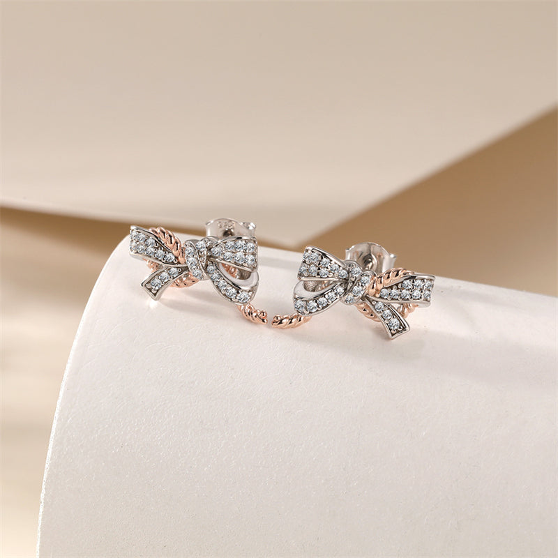 925 Sterling Silver Bow Earrings for Women Elegant Zircon Accented Stud Earrings White Gold Plated