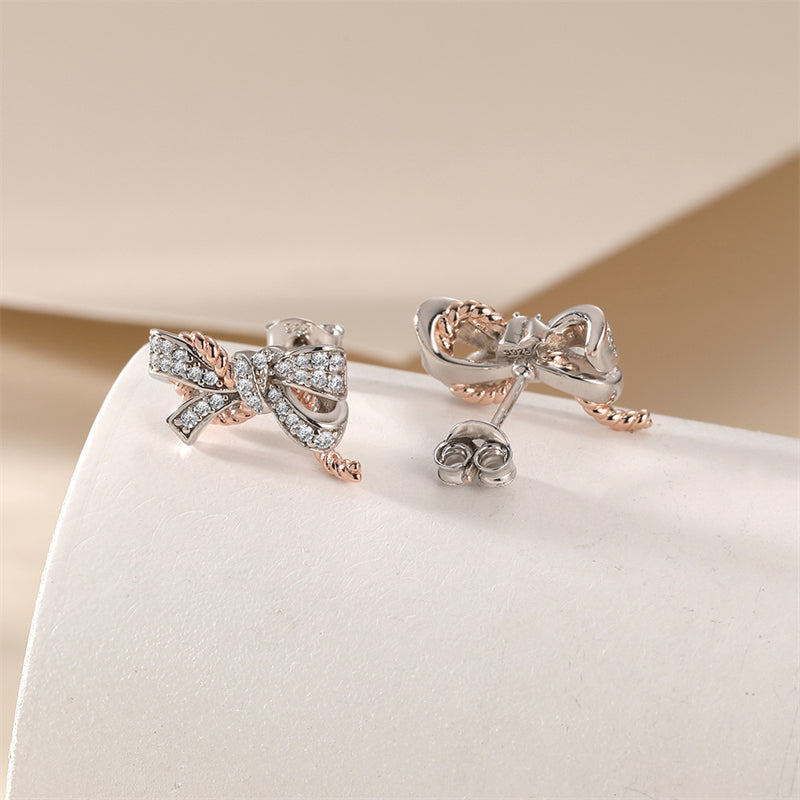 925 Sterling Silver Bow Earrings for Women Elegant Zircon Accented Stud Earrings White Gold Plated