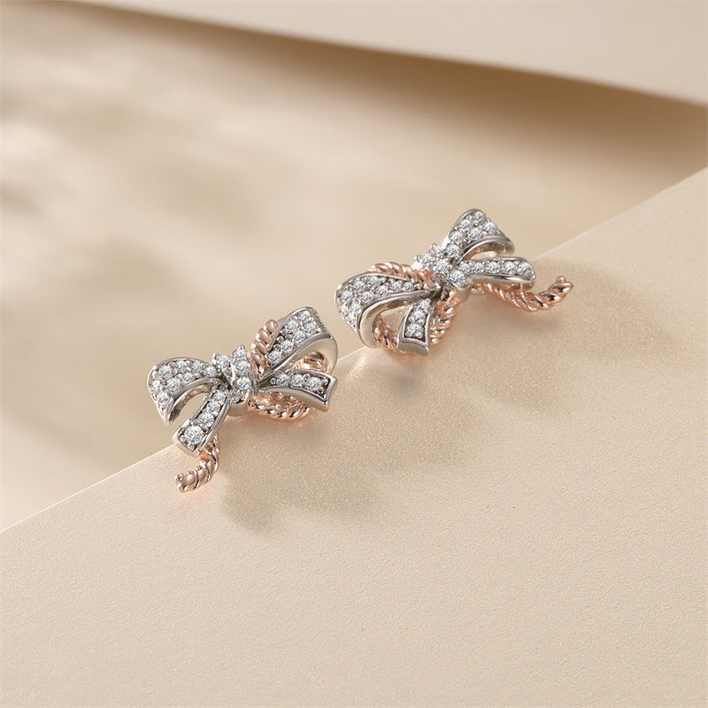 925 Sterling Silver Bow Earrings for Women Elegant Zircon Accented Stud Earrings White Gold Plated