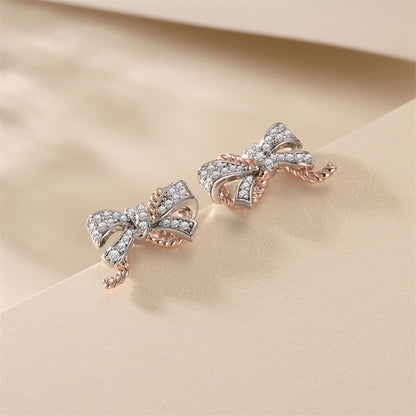925 Sterling Silver Bow Earrings for Women Elegant Zircon Accented Stud Earrings White Gold Plated