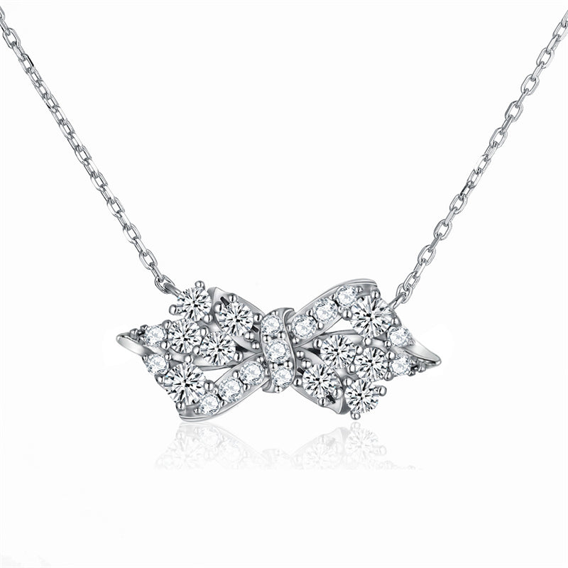 925 Sterling Silver Bow Pendant Necklace - Elegant Geometric Collarbone Chain with Zirconia