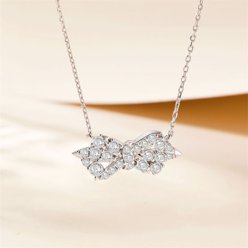 925 Sterling Silver Bow Pendant Necklace - Elegant Geometric Collarbone Chain with Zirconia
