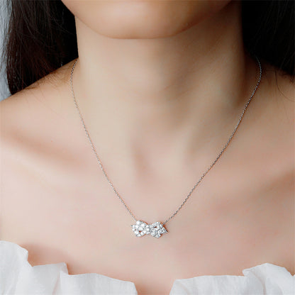 925 Sterling Silver Bow Pendant Necklace - Elegant Geometric Collarbone Chain with Zirconia