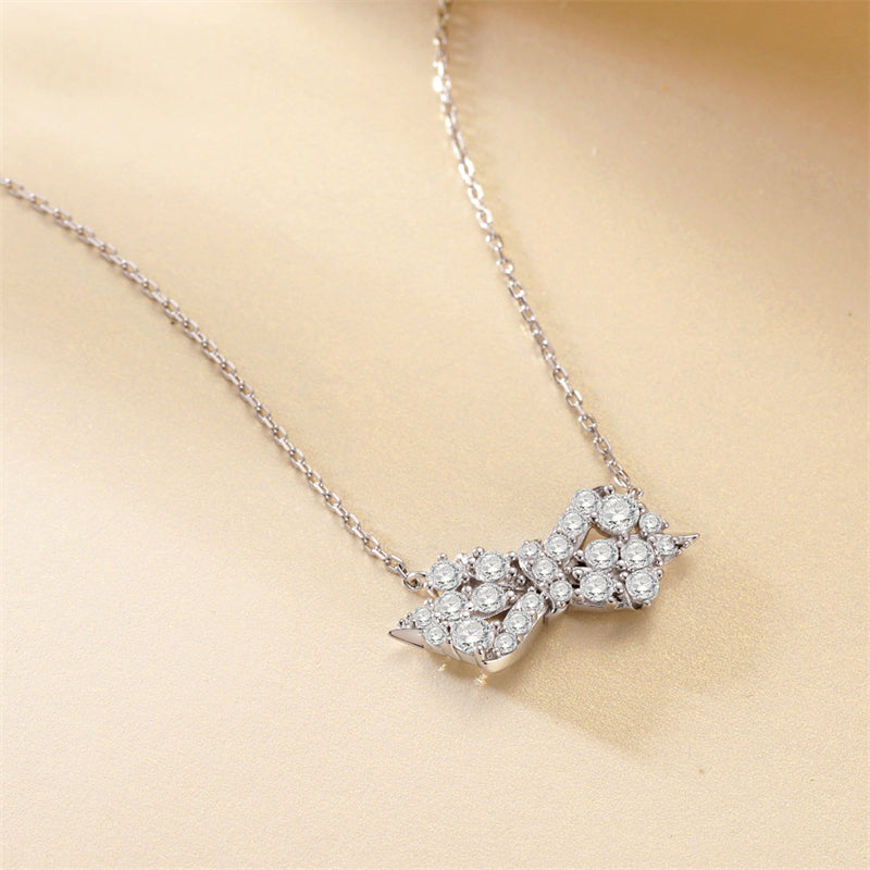 925 Sterling Silver Bow Pendant Necklace - Elegant Geometric Collarbone Chain with Zirconia