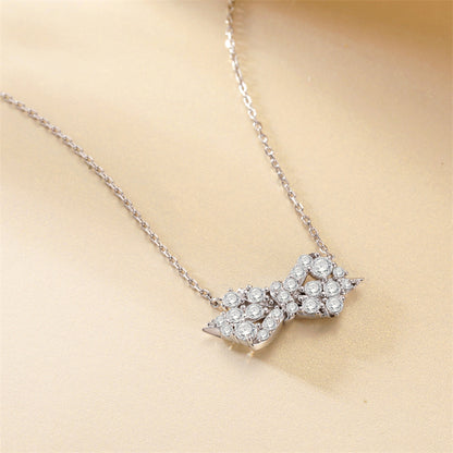 925 Sterling Silver Bow Pendant Necklace - Elegant Geometric Collarbone Chain with Zirconia