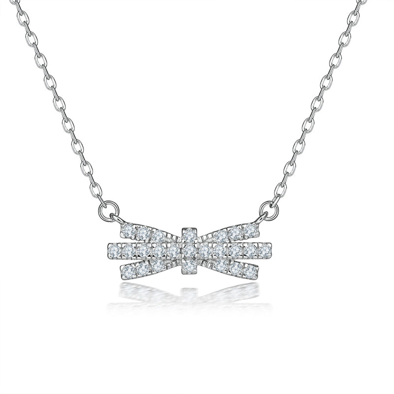 925 Sterling Silver Bow Pendant Necklace – Dainty Cubic Zirconia Collarbone Chain for Women