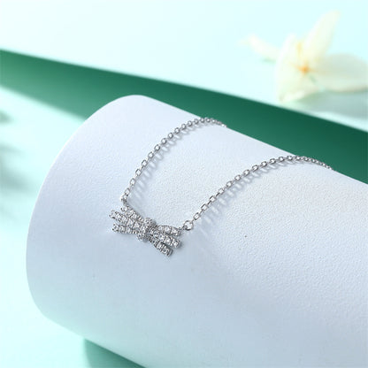 925 Sterling Silver Bow Pendant Necklace – Dainty Cubic Zirconia Collarbone Chain for Women