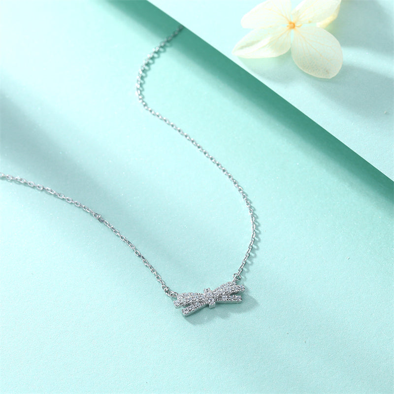 925 Sterling Silver Bow Pendant Necklace – Dainty Cubic Zirconia Collarbone Chain for Women