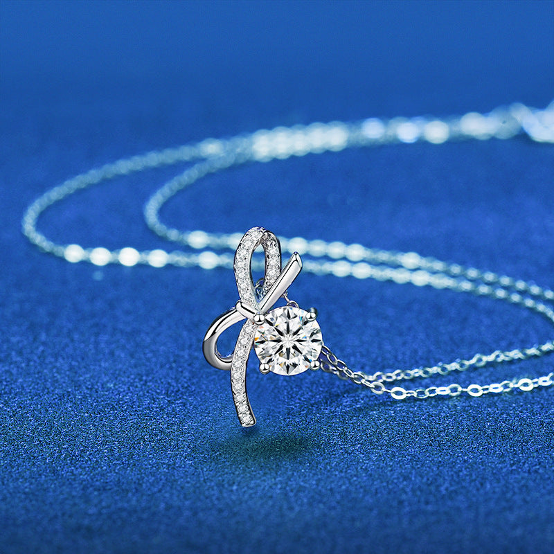 925 Sterling Silver Bow Pendant Necklace with 1ct Moissanite Classic Chain Women's White Gold Plated Elegant Jewelry