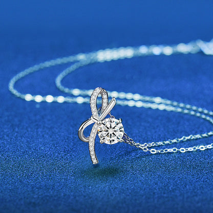 925 Sterling Silver Bow Pendant Necklace with 1ct Moissanite Classic Chain Women's White Gold Plated Elegant Jewelry
