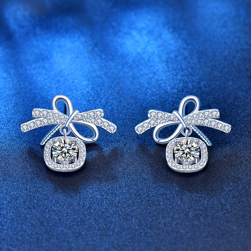 925 Sterling Silver Bow Shaped Stud Earrings with 0.5ct Moissanite Dainty Elegant Jewelry for Women