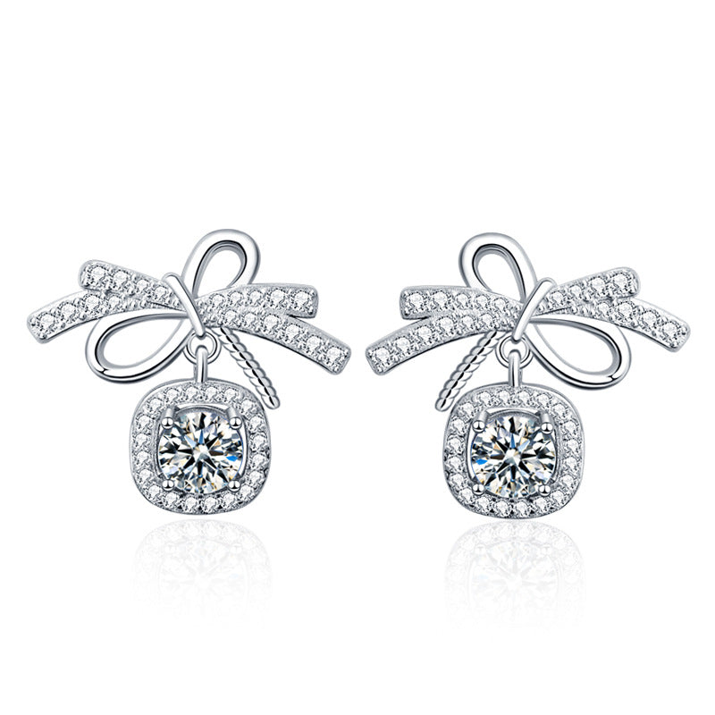 925 Sterling Silver Bow Shaped Stud Earrings with 0.5ct Moissanite Dainty Elegant Jewelry for Women