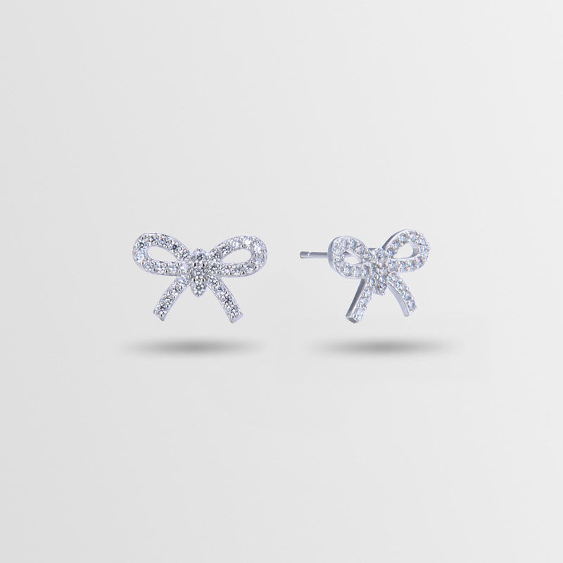 925 Sterling Silver Bow Stud Earrings - Korean Style Diamond Accent Geometric Earrings with Plastic Stoppers