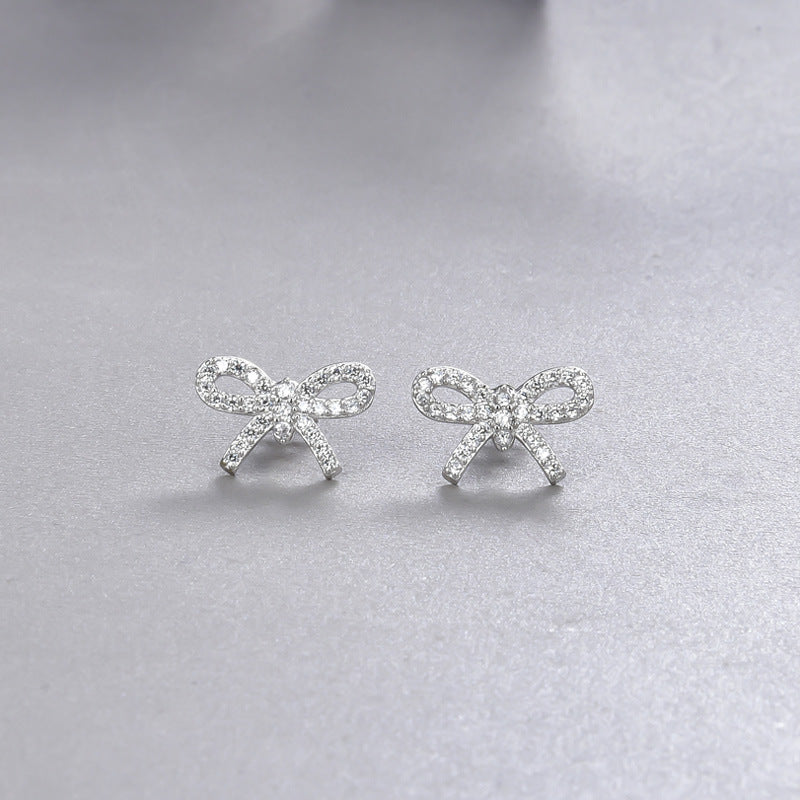 925 Sterling Silver Bow Stud Earrings - Korean Style Diamond Accent Geometric Earrings with Plastic Stoppers