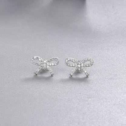 925 Sterling Silver Bow Stud Earrings - Korean Style Diamond Accent Geometric Earrings with Plastic Stoppers