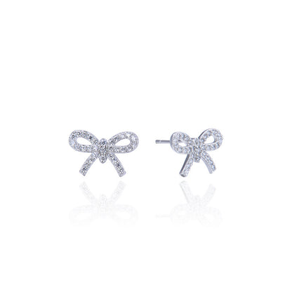925 Sterling Silver Bow Stud Earrings - Korean Style Diamond Accent Geometric Earrings with Plastic Stoppers