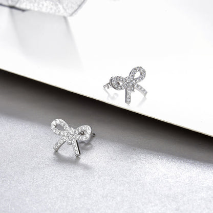 925 Sterling Silver Bow Stud Earrings - Korean Style Diamond Accent Geometric Earrings with Plastic Stoppers