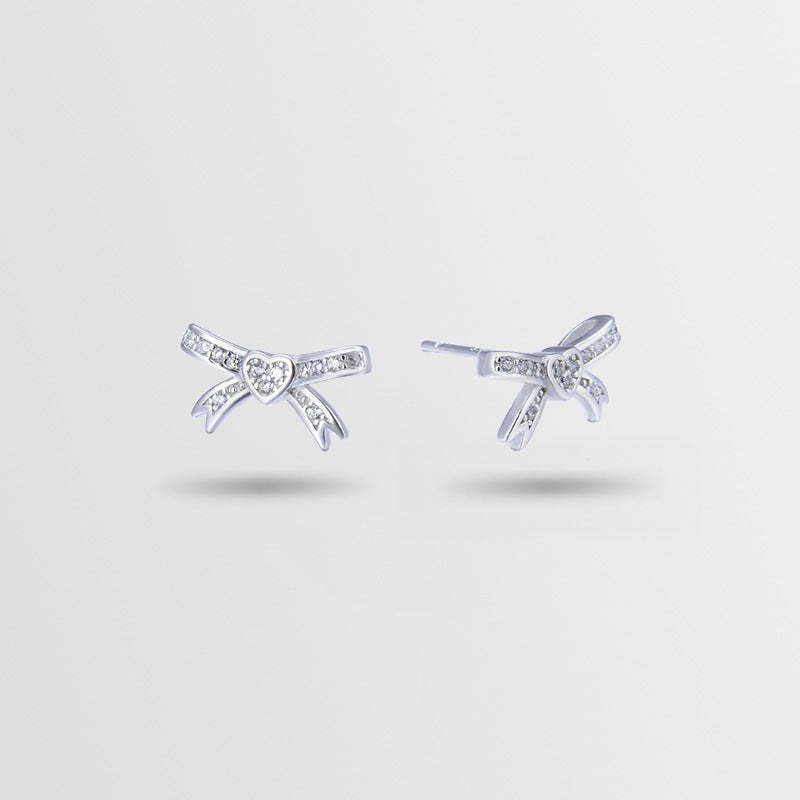 925 Sterling Silver Bow Stud Earrings - White Gold/White CZ & Rose Gold/Purple CZ Korean Style Earrings with Plastic Backs