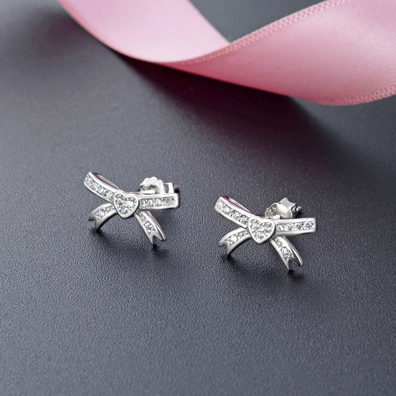 925 Sterling Silver Bow Stud Earrings - White Gold/White CZ & Rose Gold/Purple CZ Korean Style Earrings with Plastic Backs