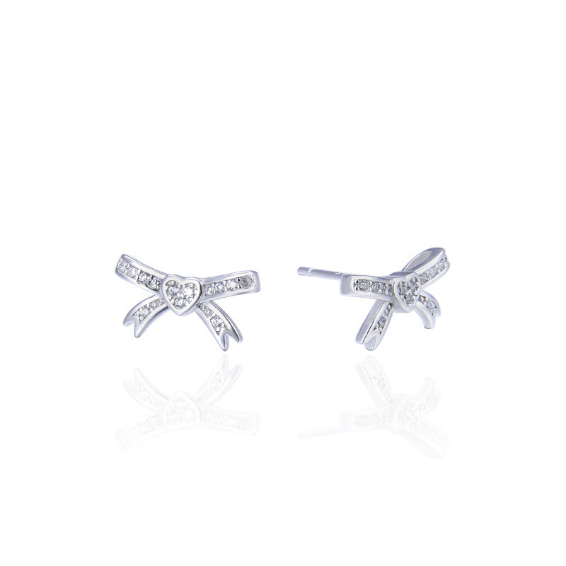 925 Sterling Silver Bow Stud Earrings - White Gold/White CZ & Rose Gold/Purple CZ Korean Style Earrings with Plastic Backs