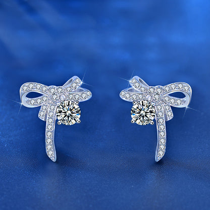 925 Sterling Silver Bow Stud Earrings with 0.5ct Moissanite Micro-Paved Minimalist Elegant Jewelry for Women